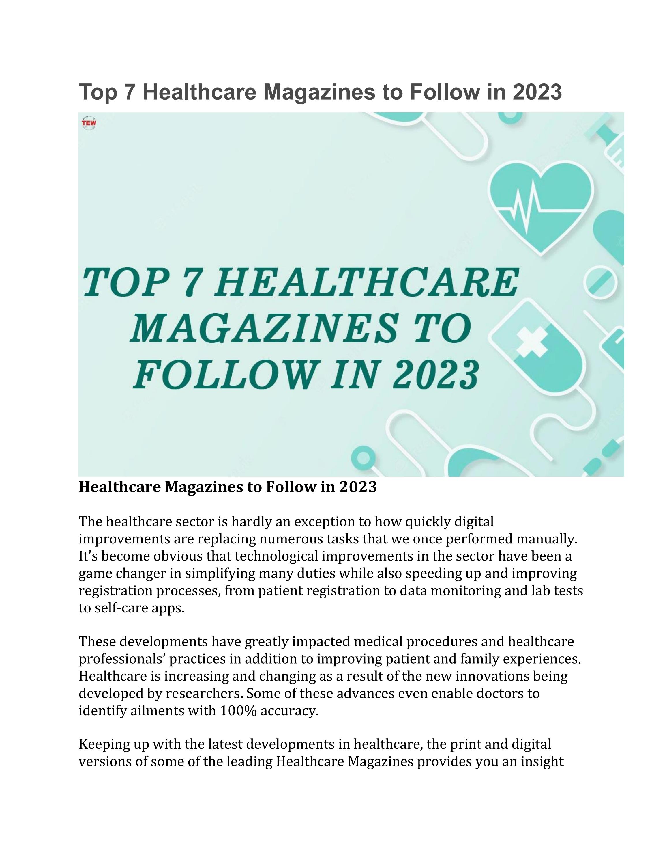 Top 7 Healthcare Magazines to Follow in 2023 | The Enterprise World - Читать журналы и газеты онлайн бесплатно без регистрации | Печатные периодические издания на bookjurn.ru